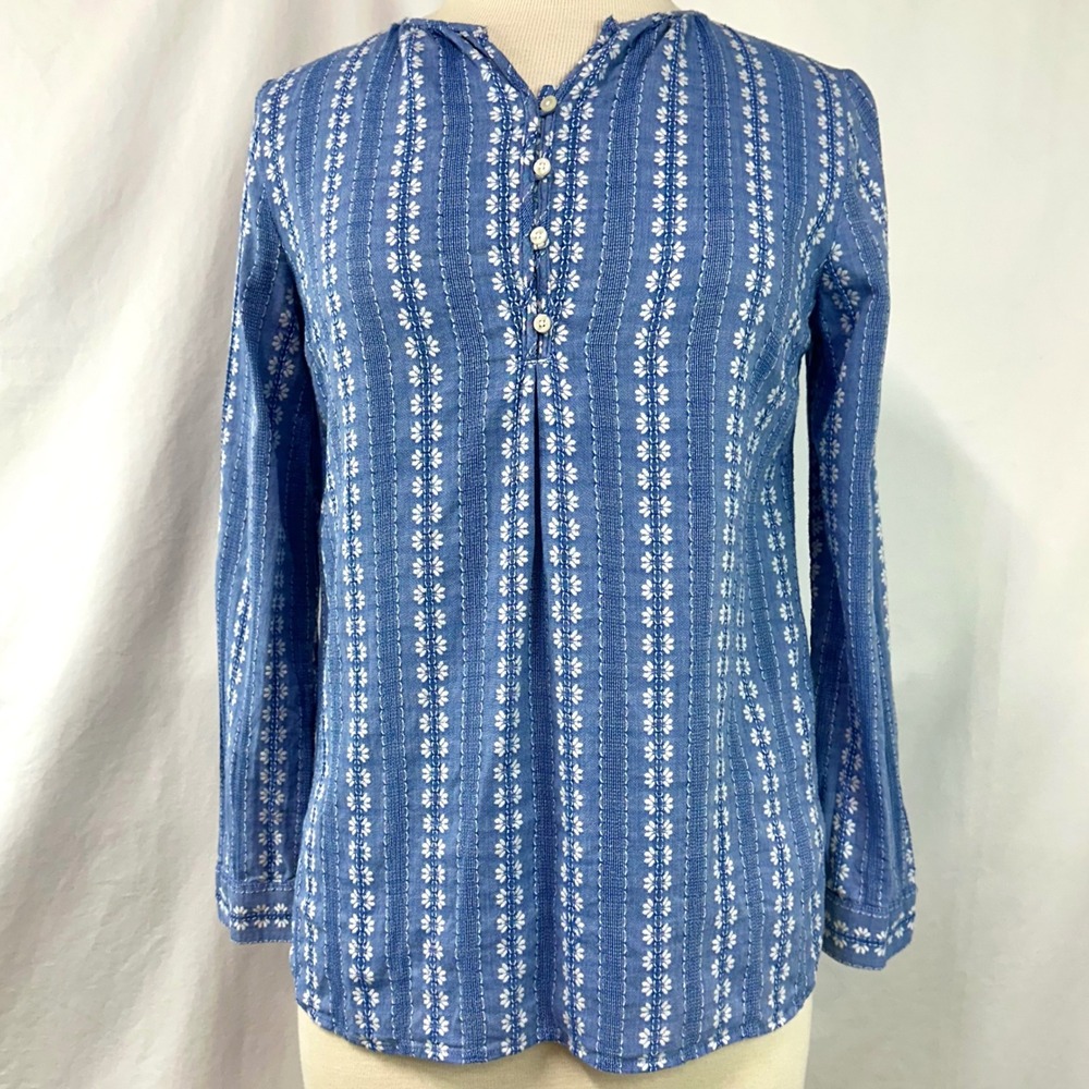 TALBOTS Blue Floral Embroidered Popover Blouse Roll Tab Sleeves Women's Petite S